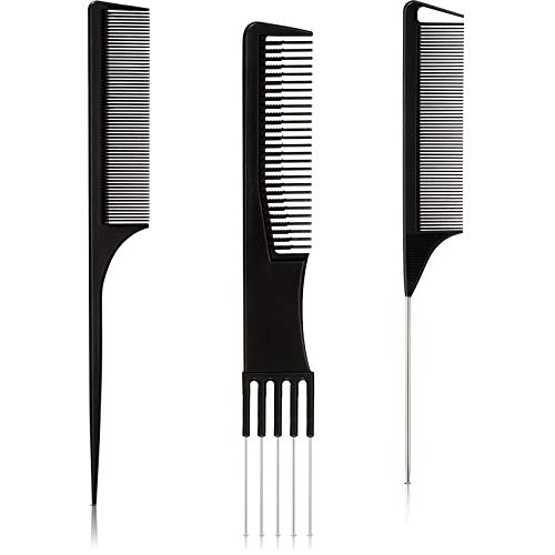 3 Pieces Black Carbon Lift Teasing Comb with Metal Prong, Salon Teasing Back Comb and Black Rat Tail Combs Carbon Styling Comb Fiber Anti Static and Heat Resistant Tail Comb for Hair Styling