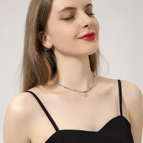 Gold Initial Necklace for Women Teen Girls, Handmade Colorful Beaded Letter Necklace Jewelry, Cute Necklaces with Initials as Trendy Stocking Stuffers Christmas Birthday Gift4