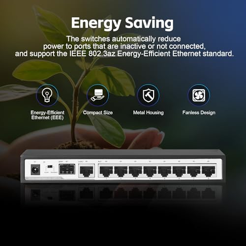 Image of 10 Port Gigabit Switch, 8 x 100 /1000Mbps Ports, 1 Gigabit Uplink, 1 Gigabit SFP, Support Vlan, Metal Fanless Unmanaged Plug and Play YuLinca Ethernet Switch