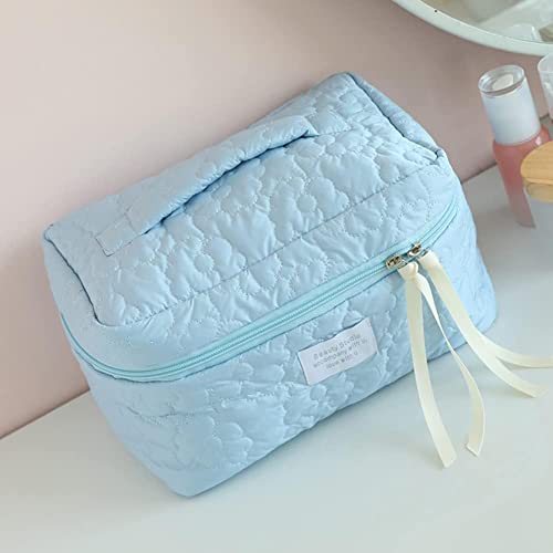 Image of Sprqcart Quilted Cotton Makeup Bag for Women - Large Capacity Travel Cosmetic Organizer with Zipper - Cute Floral Toiletry Pouch - Handheld Portable Multifunctional Storage Purse | Blue
