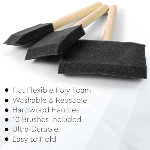 Vanitek 10 Piece Flat Flexible Poly Foam Bevel-Tipped Brush Set with Wooden Handles - Ideal for Applying Paint, Oil-Based Paints, Stain, Varnish, Enamel, Latex Paint, Smooth Surfaces, & Arts & Crafts