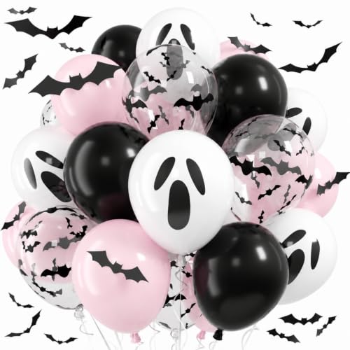 Image of Halloween Balloons, Pink and Black Balloon for Halloween Party Decorations | Pastel Pink Black Balloon, White Ghost 3D Bat Print Latex Balloons, Night Halloween Spooky One Scary Birthday Party Decor