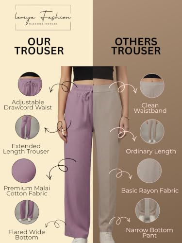 Image of Leriya Fashion Women Relaxed Fit Wide Leg Trousers | Malai Cottage Elastic Drawstring Wide Leg Pants for Women | Casual Straight Lounge Pants with Pockets | Stylish Everyday Office Outfit Bottom Pant
