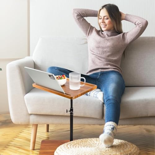 LVETOLS Großer Couchtisch aus massivem Akazienholz, höhenverstellbarer C-Tisch mit Handy- und Tablet-Schlitz, drehbare TV-Tabletts zum Essen auf Couch, Schlafzimmer oder Wohnzimmer, länglich – Bild 3