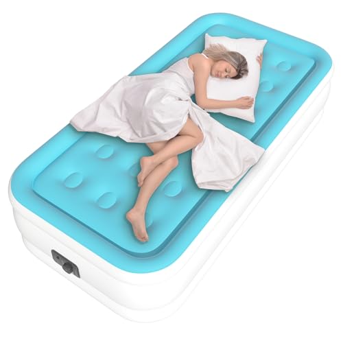 Image of Twin Air Mattress with Built in Pump, Single Blow up Air Bed with Portable Storage Bag, Suitable for Home and Guests, Top Flocking, 18 inch Twin Sky Blue
