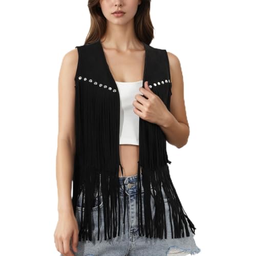 GOKTOW Cowboy Cowgirl Vest for Women Fringe Faux Suede Western Vest Tassel Tops Sleeveless Hippie 70s Light
