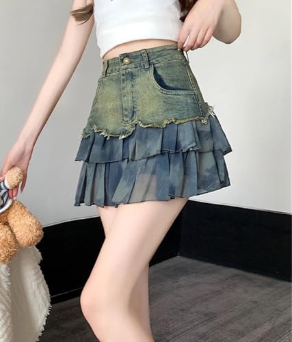 Women’S Patchwork A-Line Mini Denim Skirts Vintage High Waist Casual Ruffle Jean Skirt4