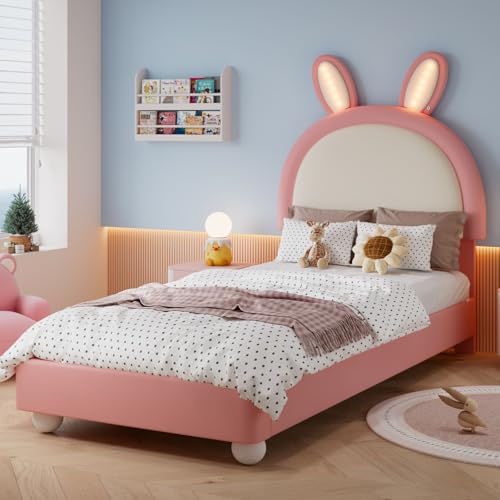 Sweiko Lit Simple 90x200cm avec tête de lit Lapin, Cadre de lit avec Coins rembourrés, Bandeau LED, Lit Plateforme Modern avec 2 Pieds de lit Ronds pour ado
