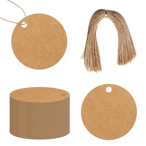 Xynovate 100 Pcs Etiquetas Papel Kraft, Etiquetas de Regalo, Etiquetas de Navidad con Cuerda de Yute para Regalos de Boda, Artesanía Navidad Cumpleaños(Círculo 5x5cm-E)