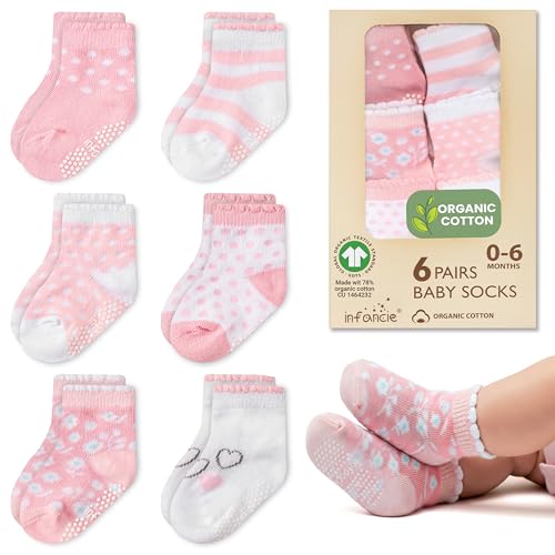 Image of infancie Organic Cotton GOTS Certified Baby Socks 6 Pairs for Newborn Girls 0-6 Months, Soft Breathable Infant Socks, Cute Little Girls Socks, Baby Registry Essential