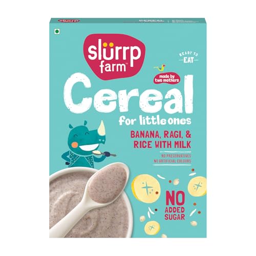 Image of Slurrp Farm No Added Sugar Instant Cereal | Ragi, Rice and Banana with Milk | Free Strawberry Cereal Trial Pack | 200g + Free 50g