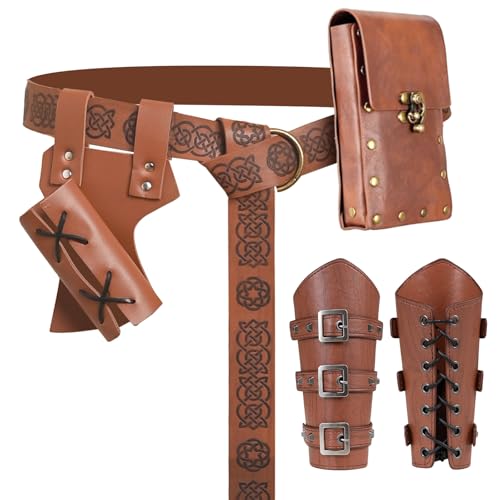 NFAUEIK Renaissance Accessories Viking Renaissance Belt Medieval Vintage Waist Bag Leather Arm Protector and Sword Set (Brown)