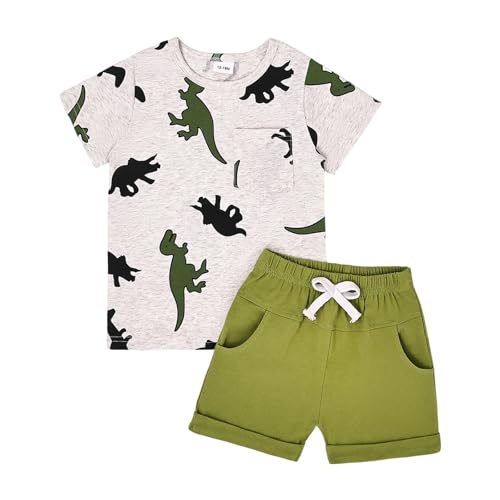 Image of ODIMAME Baby Boy Clothes Toddler Boy Clothes Summer Outfits Dinosaur T-Shirt Pocket Short Pants Set 12 Months to 4 Years Old