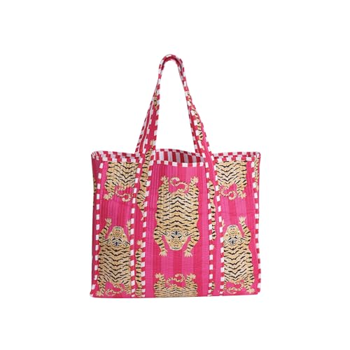 Image of Cotton Tiger Block Print Tote Bag, Indian Handmade Shopping Shoulder Bag, Unisex Market Daily Use