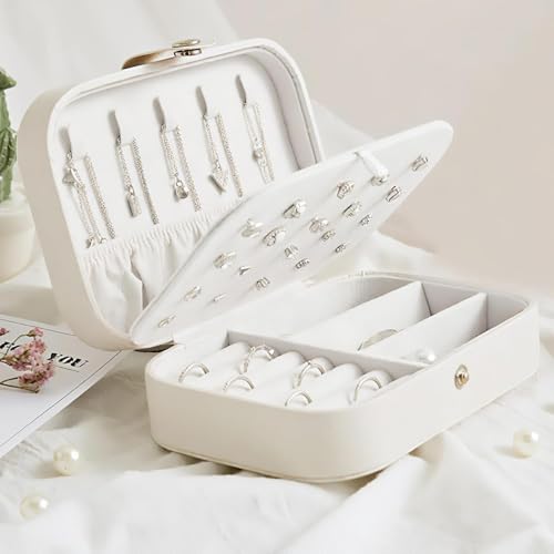 Image of Mini Jewellery Travel Case, PU Leather Organizer Box, Small Portable Jewellery Storage Holder for Womens Rings Earrings Necklaces (Elegant Lady Luxe)