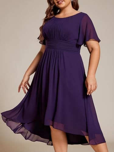 Ever-Pretty Plus Women's Round Neck Ruffles Sleeves Pleated Waist Chiffon Knee Length Plus Size Cocktail Dresses3