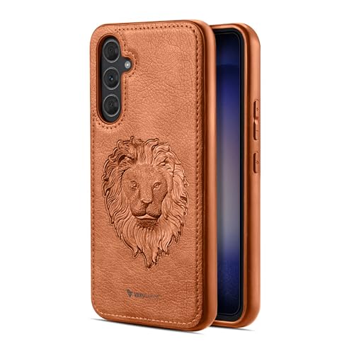Image of Vaku Luxos Lion Embossed Back Cover Case for Samsung Galaxy S23 FE Premium Leather Stitched Soft Shockproof Protective TPU Phone Case Camera Screen Protector- Brown