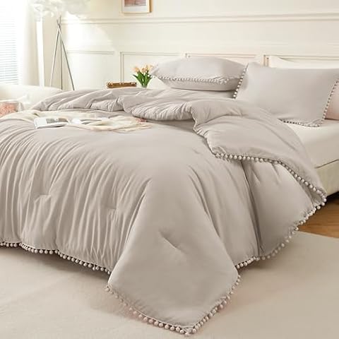 Litanika King Size Comforter Set Linen Grey,3 Pieces Linen Grey Boho Pom Pom Lightweight Bed Comforter, All Season Soft Solid Color Bedding Comforter Sets (1 Comforter 104x90 Inch, 2 Pillowcases) Cover