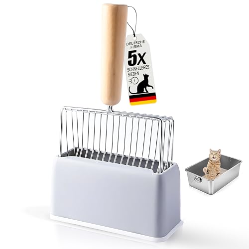 Katzenklo Schaufel Edelstahl - Mit Besen & Halterung (5mm Sieb)