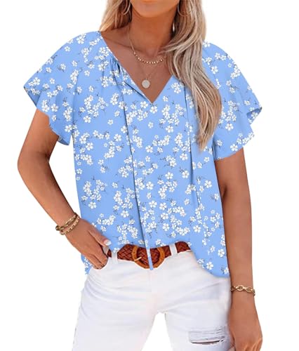 Anydoll Womens Casual Tunic Tops Summer Boho Floral Blouse Short Sleeve V Neck Chiffon Shirts Large