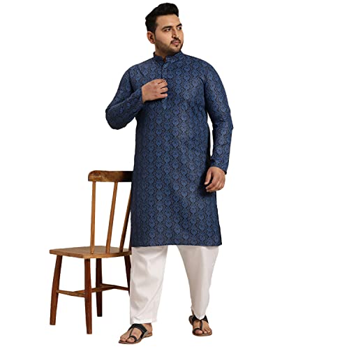 Image of SOJANYA PLUS (Since 1958) Men's Cotton Blend Navy Blue and Black Printed Kurta and White Pyjama Set