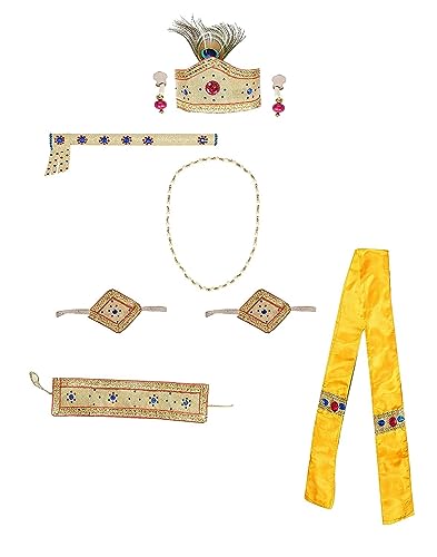 Image of Raj Fancy Dresses Shri Krishna Dress for Baby Boy & Girl, Janmashtmi Dress with Diaper-friendly Dhoti & Dupatta, Mor Pankh Mukut