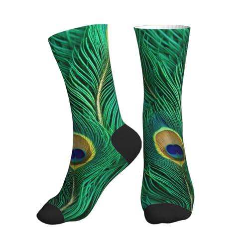 VPPUR Green Peacock Feather Print Mid Tube Sports Socks Lightweight Athletic Breathable Running Fashion Fitness Gear