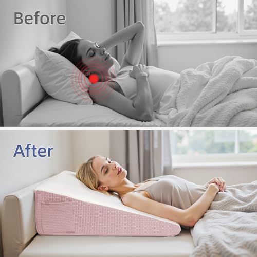 Wedge Pillow for Headboard, 7.5’’ Triangle Elevated Bed Wedge Pillow for Acid Reflux Relief, Sleeping, Post Surgery, Back Pain Relief, Snoring, Soft Memory Foam Top & Washable Breathable Cover, Pink
