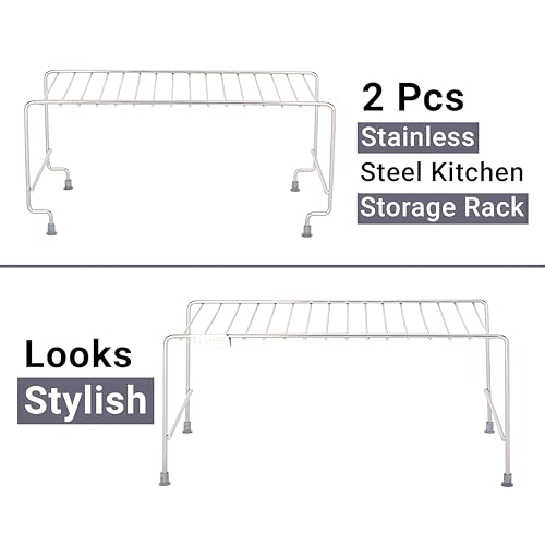 Image of Kuber Industries 2 Pcs Set Stainless Steel Kitchen Storage Rack - Oil, Masala & Spice Stand Tray - Kitchen Counter Top Corner Shelf Organizer Countertop- Silver