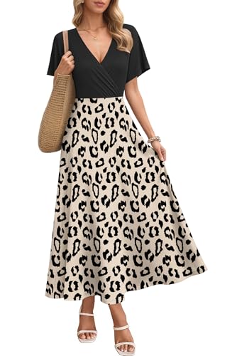 AUSELILY Maxikleider Damen Sommer Kleid Lässig Hohe Taille Lockere Passform Mit Taschen Beige Leopard XS 1