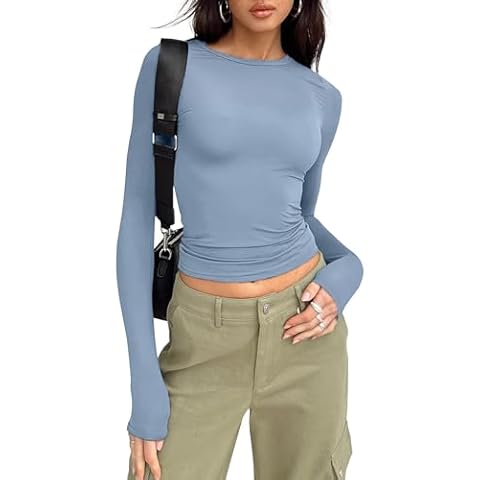 Blansdi Womens Long Sleeve Shirts Crew Neck Basic Spring Casual Slim Fit Y2k Fall Crop Tops HazeBlue XL Cover
