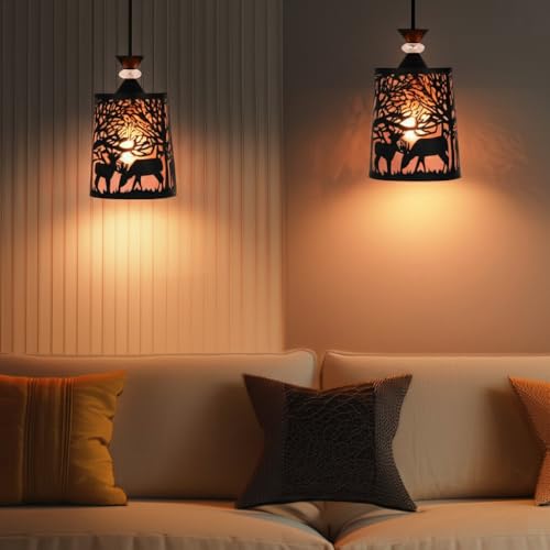 Image of Groeien Pack of 2 | Black Finish Metal Crystal Hanging Pendant Ceiling Lamp Fixture | Chandelier for Home, Indoor, Outdoor,Living Room, Bedroom(Bulb not Included) (DeerShade, 2)
