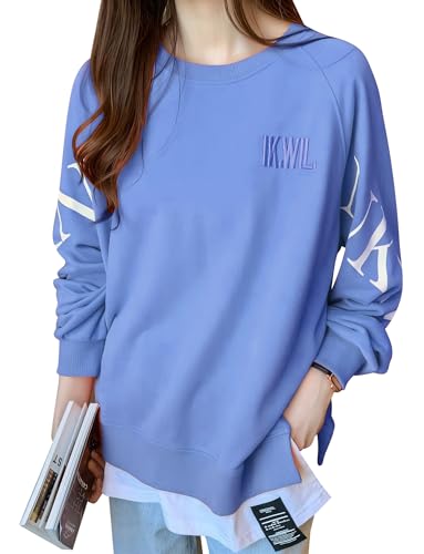 [Maeau] プリント ロングTシャツ トレーナー 婦人服 秋服 レディース プリント 重ね着風 オーバーサイズ ネックリラックス ゆったり 可愛い カジュアル 春夏秋 ブルー M - Maeau - 商品画像
