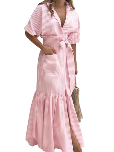 Image of utcoco Women's 2026 Summer Casual Striped Button Down Maxi Dress Tie Waist Short Sleeve Shirt Dress with Pockets