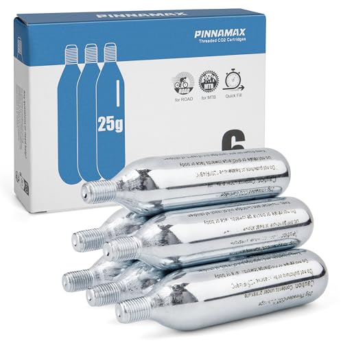 PINNAMAX CO2 Fahrradpumpe Set–CO2 Inflator mit 16g/25g CO2 Kartuschen–Kompakt, Leicht, Kompatibel mit Presta & Schrader Ventilen–Perfekt für Rennräder & MTB–Inkl.Schutzhülle (6x25g CO2 Kartuschen)