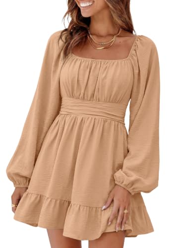 Image of Dokotoo Womens Dress Long Lantern Sleeve Square Neck Tie Backless Sexy Dress Ruffle Elastic Waist A-Line Mini Dress