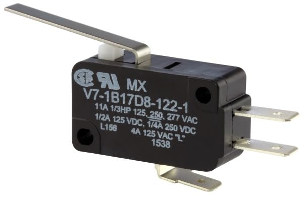 Honeywell, V7-1B17D8-122-1-5Pack, Micro Switch™ Miniature Basic Switches: V7 Series Single Pole Double Throw (SPDT) 11 A 125 250 or 277 Vac 41 4 mm [1.63 in] Straight Lever Actuator 43 g [1.5 oz