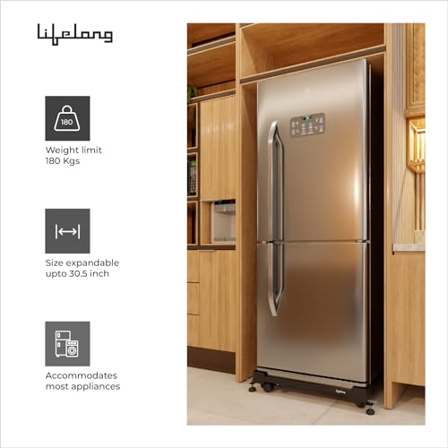 Image of Lifelong Universal & Adjustable Metal Washing Machine Stand (5 KG to 12 KG) | Trolley with Wheels | Single /Double Door Fridge Stand, Air Cooler Stand | 180 KG Capacity, 4 Anti Vibration Pads | Black