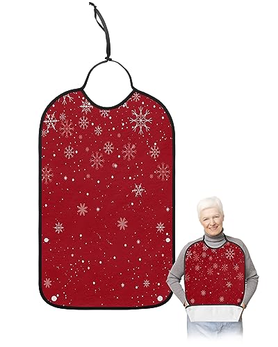 LEOKOTI Red Christmas Snowflake Adult Bibs for Eating, Waterproof Bibs with Food Catcher & Adjustable Snap Closure, Winter Snowflake Xmas Washable Clothing Protectors Adult Bibs for Elderly Women/Men