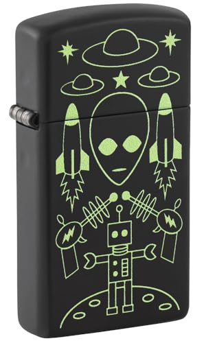 Image of Zippo Alien Invasion Design Slim Black Matte Windproof Pocket Fuel Refillable Lighter, BIS Certified