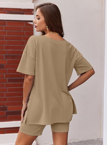 Image of Ekouaer Womens Pajamas 2 Piece Lounge Sets Oversized V Neck T-Shirts Tops Biker Shorts Set Workout Reversible Tracksuit S-XXL