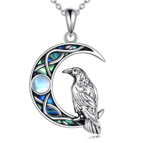 Raven Necklace 925 Sterling Silver Moonstone Abalone Shell Moon Crow Necklace Raven Jewelry Gift for Women
