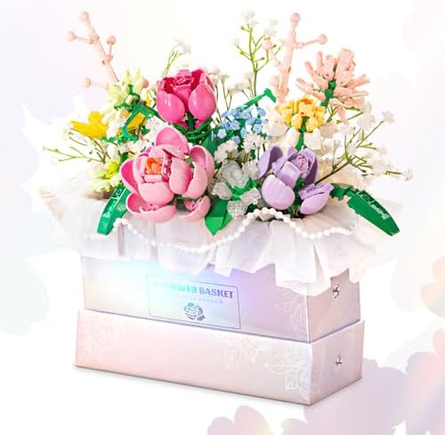 HIGH GODO Flowers Bouquet Building Set, Flowers Basket Building Blocks with Light, 706PCS Botanical Collection Building Kit, Anniversaries Birthday Gift for Women Girlfriend Adults 8+