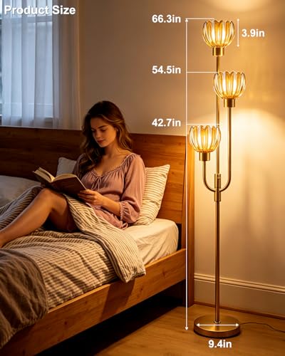 Image of 3-Lights Modern Glass Floor Lamp Gold Dimmable Floor Lamps with 3000K Warm White Bulbs for Wedding Party 66IN Tall Standing Lamp with Amber Glass Shade for Living Room /Bedroom /Girls Room