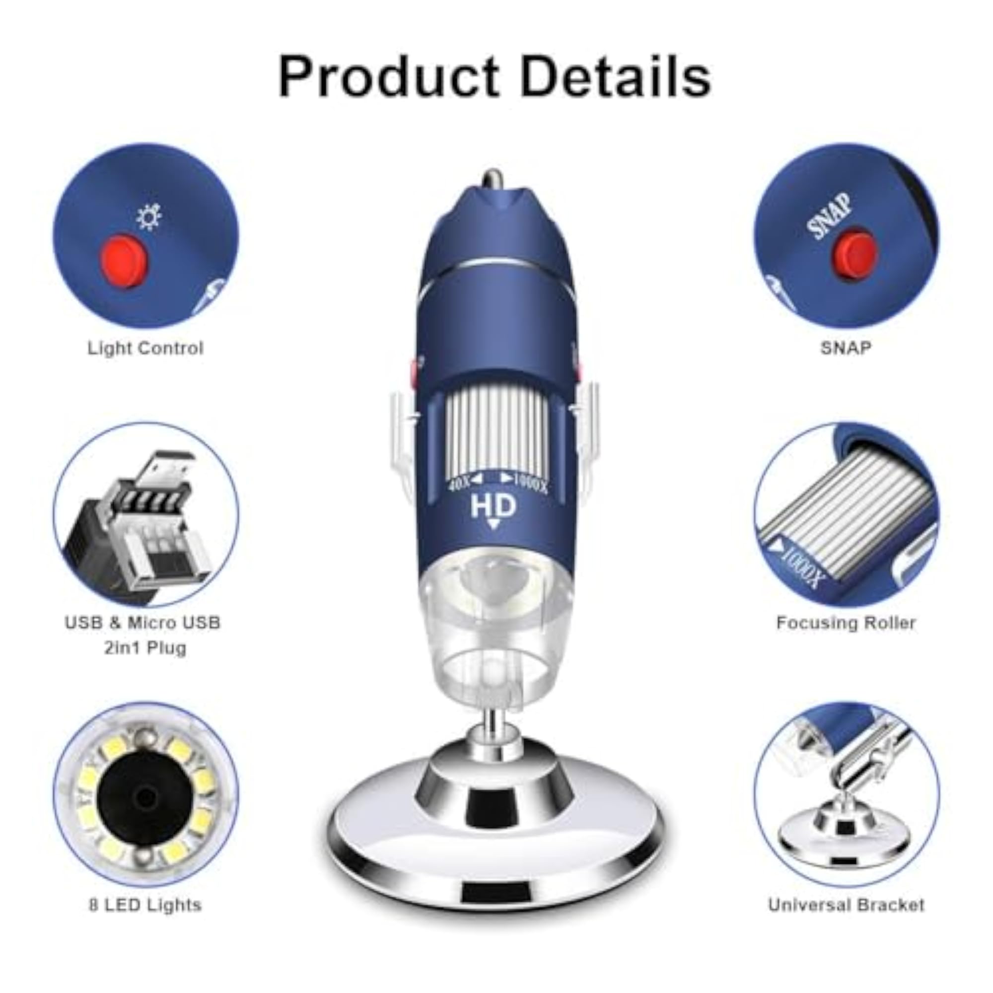 HD 2MP USB Microscope Camera with Stand, Portable