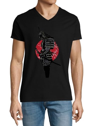 T-shirt col en V coton homme noir Dark Armoured Setting Sun pour un style casual quotidien