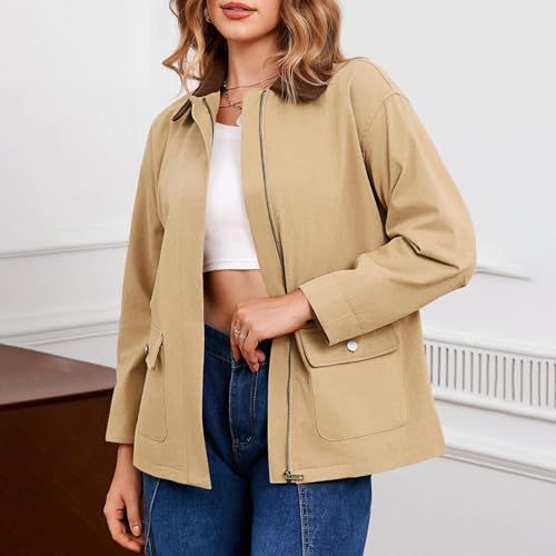 FBDTDB Barn Jackets for Women Corduroy Collar Zipper Oversized Utility Jacket with Pockets Fall Coats For Women 2025