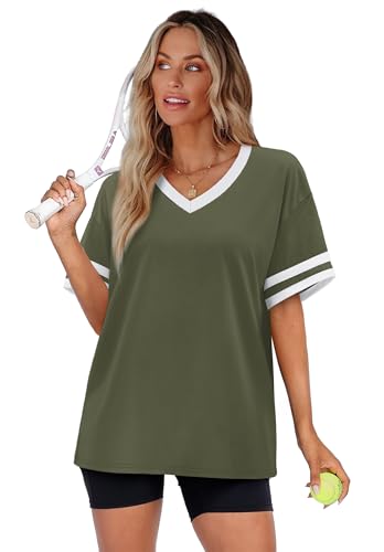 Image of WIHOLL Womens T Shirts Loose Fit Short Sleeve Tees V Neck Color Block Summer Tops 2026 Fashion S-4XL