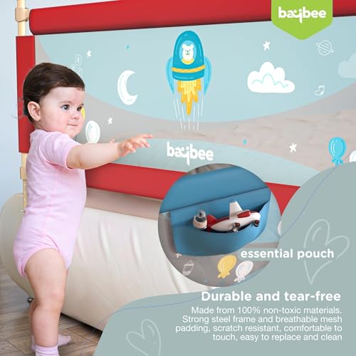 Image of BAYBEE Baby Bed Rails Guard Kids Safety (150x63 cm) | Portable Bed Rail Falling Protector Fence with 7 Adjustable Heights | Foldable BedRail for Newborn Boys Girls (Pack-2, Red)
