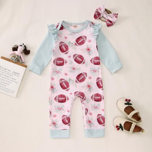 GLIGITTR Baby Girls Football Outfits Set Infant Game Day Floral Bodysuit Football Fans Lover Onesie Romper Jumpsuits+Headband4